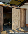 8Ft Ceiling Mount Box Rail Barn Door Hardware Kit With Heavy Duty Aluminum Sliding Track And Matte Black Finish, outdoor setting with barn door track system.