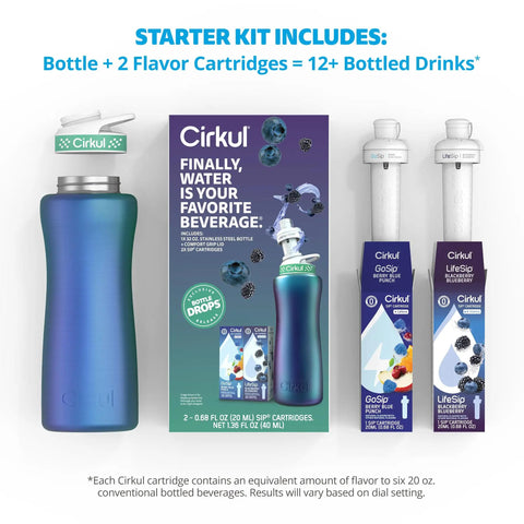 32 Ounce Chameleon Stainless Steel Water Bottle Starter Kit With Green Lid Includes Two Flavor Cartridges and Flavor Dial