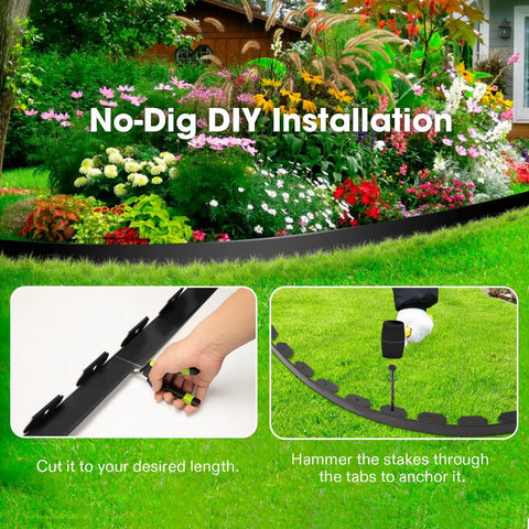 No-Dig Landscape Edging Kit with 33 ft of 2 in high plastic garden border, DIY installation in garden setting