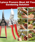 Heavy Duty Garden Pruning Shears Set With Japanese SK5 Steel Blade And Long Straight Snip in use for trimming plants