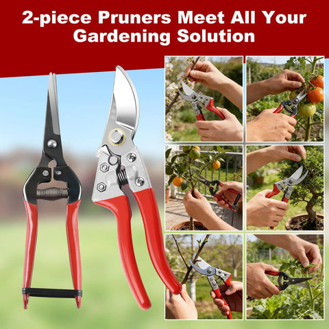 Heavy Duty Garden Pruning Shears Set With Japanese SK5 Steel Blade And Long Straight Snip in use for trimming plants