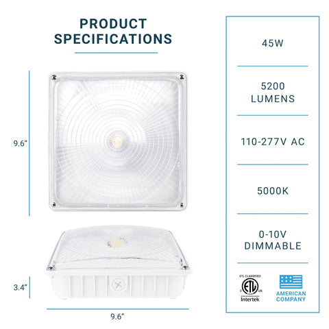 LED Canopy Light 45W 0-10V Dimmable 110-277V IP65 Waterproof ETL Listed 9.6 Inch Outdoor Fixture, square design with specifications.