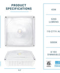 Beefy 45W LED Canopy Light, 0-10V Dimmable, 110-277VAC, IP65 Waterproof, ETL Listed, 5000K Daylight, 9.6 x 9.6 Inch White Housing