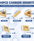 14 carbide inserts from All In One 21 Piece Indexable Lathe Tool Set With Seven Three Eighths Inch Tool Holders And Fourteen Carbide Inserts For Turning Grooving Threading And Boring Pro Grade Metalworking Tools For Quick Setup And Durable Performance, including various sizes and shapes for multiple uses, assorted view.