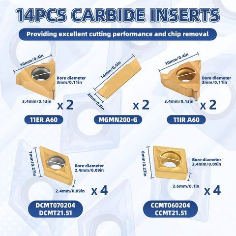 14 carbide inserts from All In One 21 Piece Indexable Lathe Tool Set With Seven Three Eighths Inch Tool Holders And Fourteen Carbide Inserts For Turning Grooving Threading And Boring Pro Grade Metalworking Tools For Quick Setup And Durable Performance, including various sizes and shapes for multiple uses, assorted view.