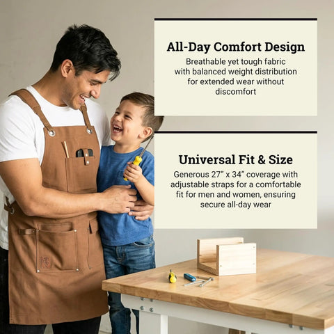 Man wearing Waxed Canvas Work Apron For Men With Pockets, Heavy Duty Carpenter And Grilling Apron, holding toddler at workbench.