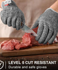 Person wearing 12 Pairs Cut Resistant Gloves Level 5 For Kitchen Cooking And Garden DIY Chefs Colorful Set slicing meat