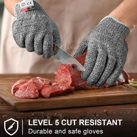 Person wearing 12 Pairs Cut Resistant Gloves Level 5 For Kitchen Cooking And Garden DIY Chefs Colorful Set slicing meat