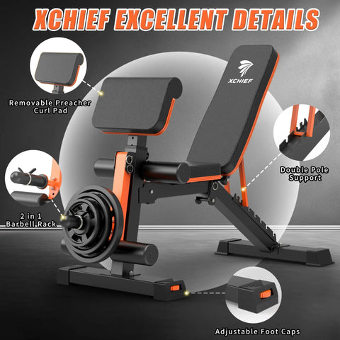 Adjustable Weight Bench With 1000 Lbs Capacity, Heavy Duty Foldable Home Gym Bench for full body workouts, shown with preacher pad