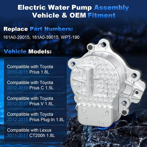 Electric Engine Water Pump With Gasket For Toyota Prius And Lexus Ct200h, Stainless Steel Rotor, shown with compatibility list