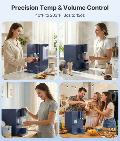People using 3 In 1 Water Dispenser With Ice Maker And Coffee Brewer Hot Cold And Warm Water On Demand in home settings