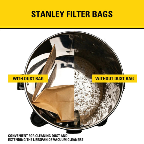 3 Pack Disposable Vacuum Bags For 1-3.5 Gallon Wet Dry Vac Dust Bag Compatible With SL18136 Model showing use vs no use