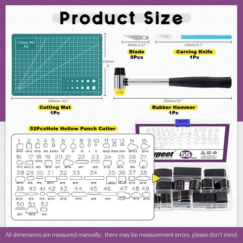 All-In-One 55-Piece Hollow Punch Cutter Tool Kit With Cutting Pad, Hammer, Craft Knife And Case for leather crafting and DIY projects.
