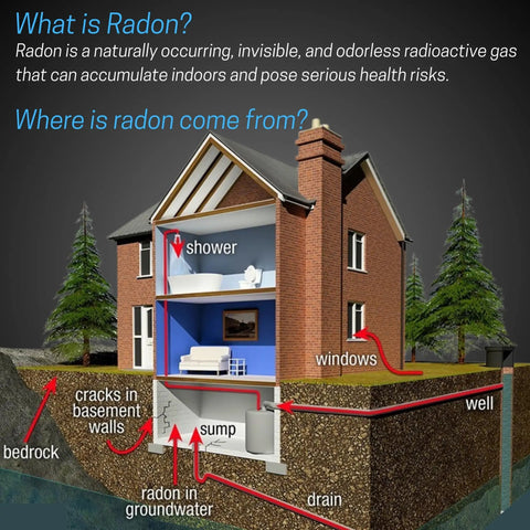 Illustration showing radon entry points in a house, including windows and basement cracks for Plug In Radon Detector For Home And Office