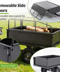 Heavy Duty 600Lb Dump Cart For Farm And Garden Tow Behind Utility Trailer With Dual Control Dumping, removable side doors visible.