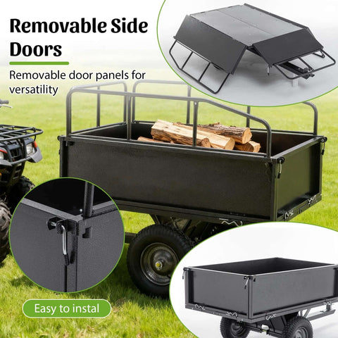 Heavy Duty 600Lb Dump Cart For Farm And Garden Tow Behind Utility Trailer With Dual Control Dumping, removable side doors visible.