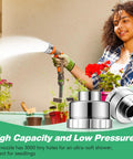 Woman using 3/4 Inch Aluminum Garden Hose Shower Head With 3000 Hole Mist Nozzle Lightweight Sprayer for plants