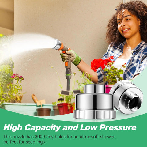 Woman using 3/4 Inch Aluminum Garden Hose Shower Head With 3000 Hole Mist Nozzle Lightweight Sprayer for plants