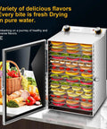 Heavy Duty Commercial Food Dehydrator Featuring 18 Slick Stainless Steel Trays Plus Adjustable 24 Hour Timer loaded with fruits and veggies.
