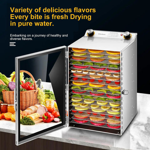 Heavy Duty Commercial Food Dehydrator Featuring 18 Slick Stainless Steel Trays Plus Adjustable 24 Hour Timer loaded with fruits and veggies.