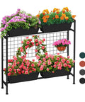 Vertical Raised Garden Bed With Trellis And Legs For Patio Balcony Outdoor Planter Box For Herbs Flowers And Vegetables Elevated Climbing Plant Bed 32.4 Inch High Black with colorful flowers and trellis support.