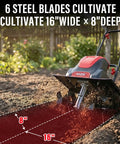 Powerful 16 Inch Corded Electric Tiller Cultivator With 13.5 Amp Motor tilling 16 inches wide and 8 inches deep soil in garden