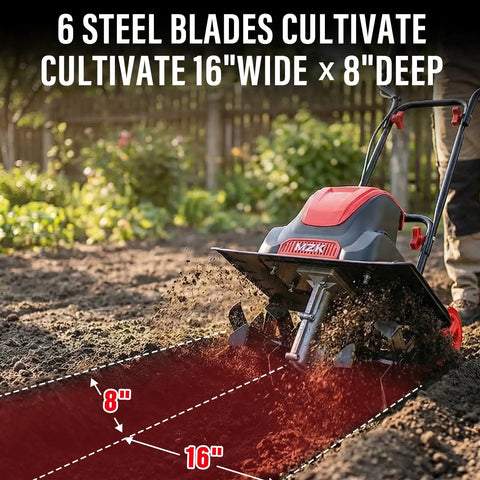Powerful 16 Inch Corded Electric Tiller Cultivator With 13.5 Amp Motor tilling 16 inches wide and 8 inches deep soil in garden