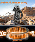 MagSafe Tripod Hook With Magnetic Back And Arca-Swiss Base, 360 Degree Rotation, shown on rocky terrain background