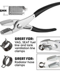 Two Direction Hose Clamp Pliers For Tight Spaces With Cross Groove Jaws And Wide 16mm Jaw Surface Grips Fuel Lines And Radiator Hoses Like A Pro Heavy Duty Clamp Removal And Installation Tool For Quick Slip Free Work with close-up on jaws and clamp.