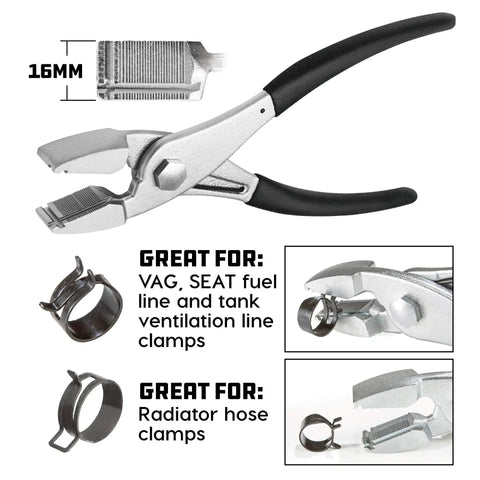 Two Direction Hose Clamp Pliers For Tight Spaces With Cross Groove Jaws And Wide 16mm Jaw Surface Grips Fuel Lines And Radiator Hoses Like A Pro Heavy Duty Clamp Removal And Installation Tool For Quick Slip Free Work with close-up on jaws and clamp.