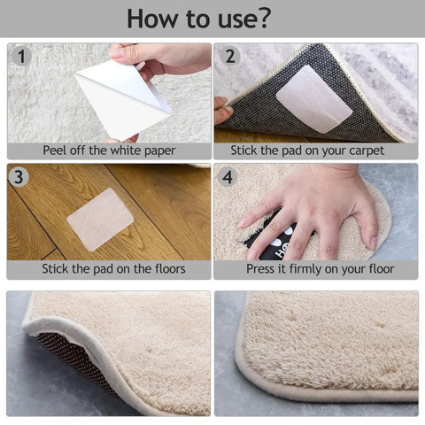 Instructional steps for installing Non Slip Rug Gripper Pads For Hardwood Floors, Heavy Duty No Slip Carpet Tape, 10 Pack Large Grey