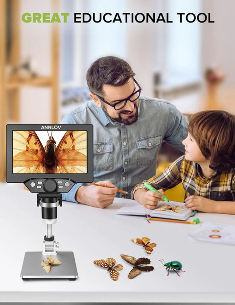 7-Inch LCD Digital Microscope With 1200X Magnification, 1080P Video, Coin Microscope, Metal Stand, 12MP Ultra-Precise Focusing Camera, 8 LED Fill Lights, Windows and Mac Compatible, Ideal for Curious Adults and Hobbyists Who Want Dope Detail. family viewing butterfly specimen