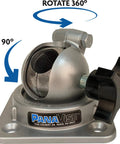 Beefy Heavy Duty Base For 437 Fixturing Head With 1 Inch Shaft Depth showing 90° tilt and 360° rotation on square 4.125 inch base.