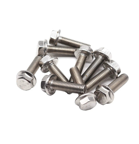 Pack Of Ten M8 X 20mm Flanged Hex Bolts Made From Solid 304 Stainless Steel For No Sweat Tightening And Badass Rust Shield On Heavy Duty Automotive Repairs And Weekend DIY Projects.
