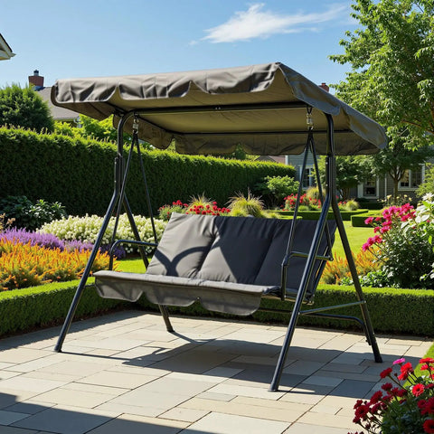 Three Person Outdoor Porch Swing Chair with adjustable canopy in garden setting