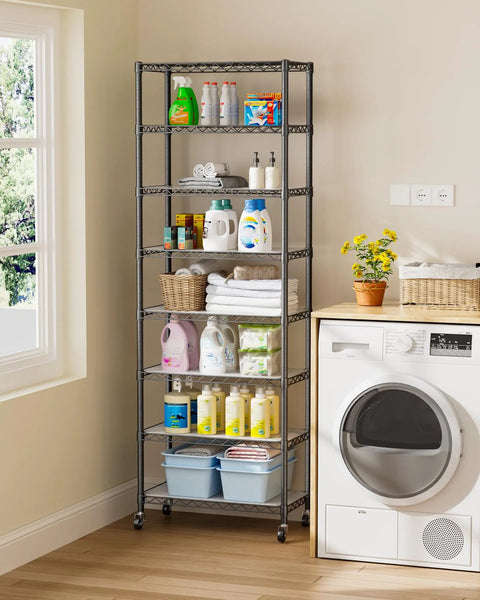 8 Tier Adjustable Metal Wire Storage Shelf Unit For Kitchen Garage And Laundry Beefy Build Sturdy Standing Rack With Rust Resistant Coating And 800lbs Total Capacity Easy Assembly Space Saving Organizer on wheels in laundry room