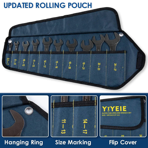 Ultra Slim Open End Wrench Set 10 Piece Metric With Rolling Pouch Includes 5.5 7 8 9 10 11 12 13 14 15 16 17 18 19 20 21 22 23 24 27 Millimeter