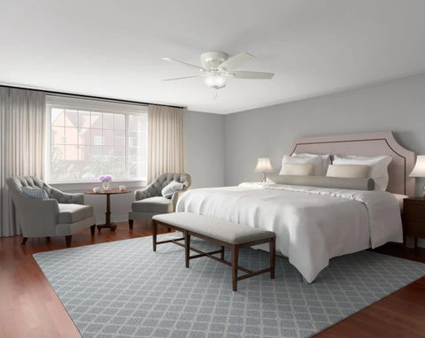 52 Inch Indoor Ceiling Fan With LED Light White Flush Mount Hugger Design in bedroom setting