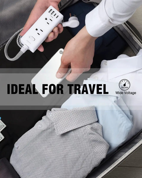 Person placing Ultimate Desktop Power Strip With 6 Outlets And 4 USB Ports Including 2 USB C Fast Charge Ports in suitcase