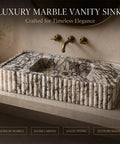 Calacatta Viola Marble Fluted Sink, Hand-Carved Rectangular Bathroom Vanity Basin on countertop with modern faucet.