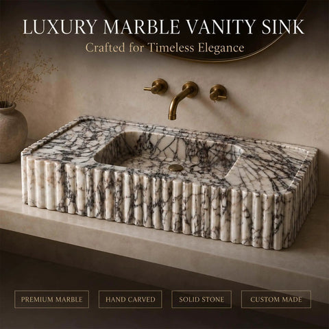 Calacatta Viola Marble Fluted Sink, Hand-Carved Rectangular Bathroom Vanity Basin on countertop with modern faucet.