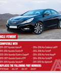 Front-left view of a black Hyundai sedan with a red Vehicle Fitment banner listing compatible models