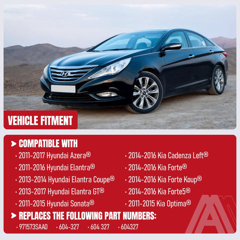 Front-left view of a black Hyundai sedan with a red Vehicle Fitment banner listing compatible models