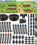 Plug And Play Drip Irrigation Kit With 230 Feet Of Quick Connect Tubing For Lawn Raised Bed And Greenhouse Includes One Quarter Inch And One Half Inch Tubing Four Way Connectors And No Fuss Accessories displayed with components and setup guide.
