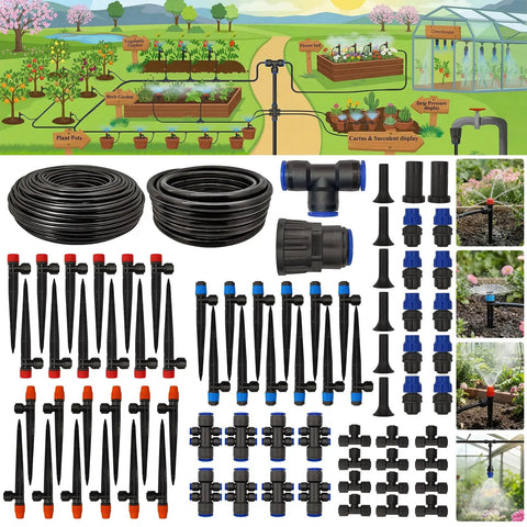 Plug And Play Drip Irrigation Kit With 230 Feet Of Quick Connect Tubing For Lawn Raised Bed And Greenhouse Includes One Quarter Inch And One Half Inch Tubing Four Way Connectors And No Fuss Accessories displayed with components and setup guide.