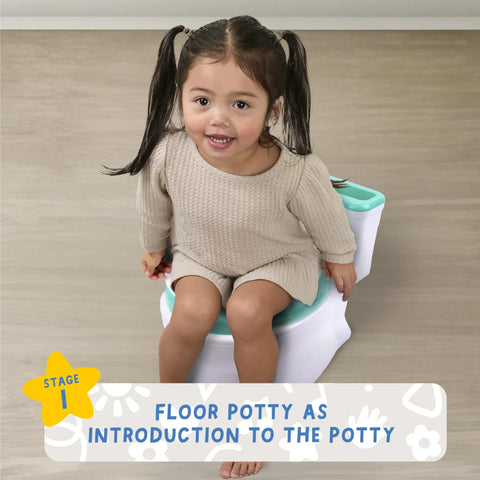 Interactive Toddler Potty Trainer Chair With Snappy Audio Clips And Upbeat Tunes, Two In One Step By Step Toilet Training Stand with child using floor potty.