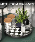10.2 Inch Black White Checkerboard Lazy Susan Organizer on bathroom counter with plant and jars