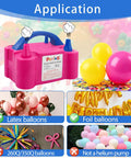 Electric Balloon Pump Inflator, Portable Balloon Blower With Dual Nozzles And Tie Tool, shown with various balloons.