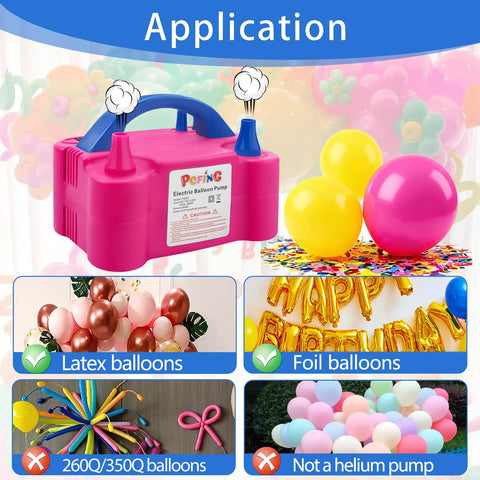 Electric Balloon Pump Inflator, Portable Balloon Blower With Dual Nozzles And Tie Tool, shown with various balloons.