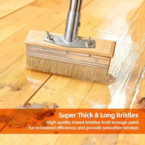 Long Handle Deck Stain Brush With 64 Inch Adjustable Shaft And 8 Inch Paint Brush Included in use on wood floor staining